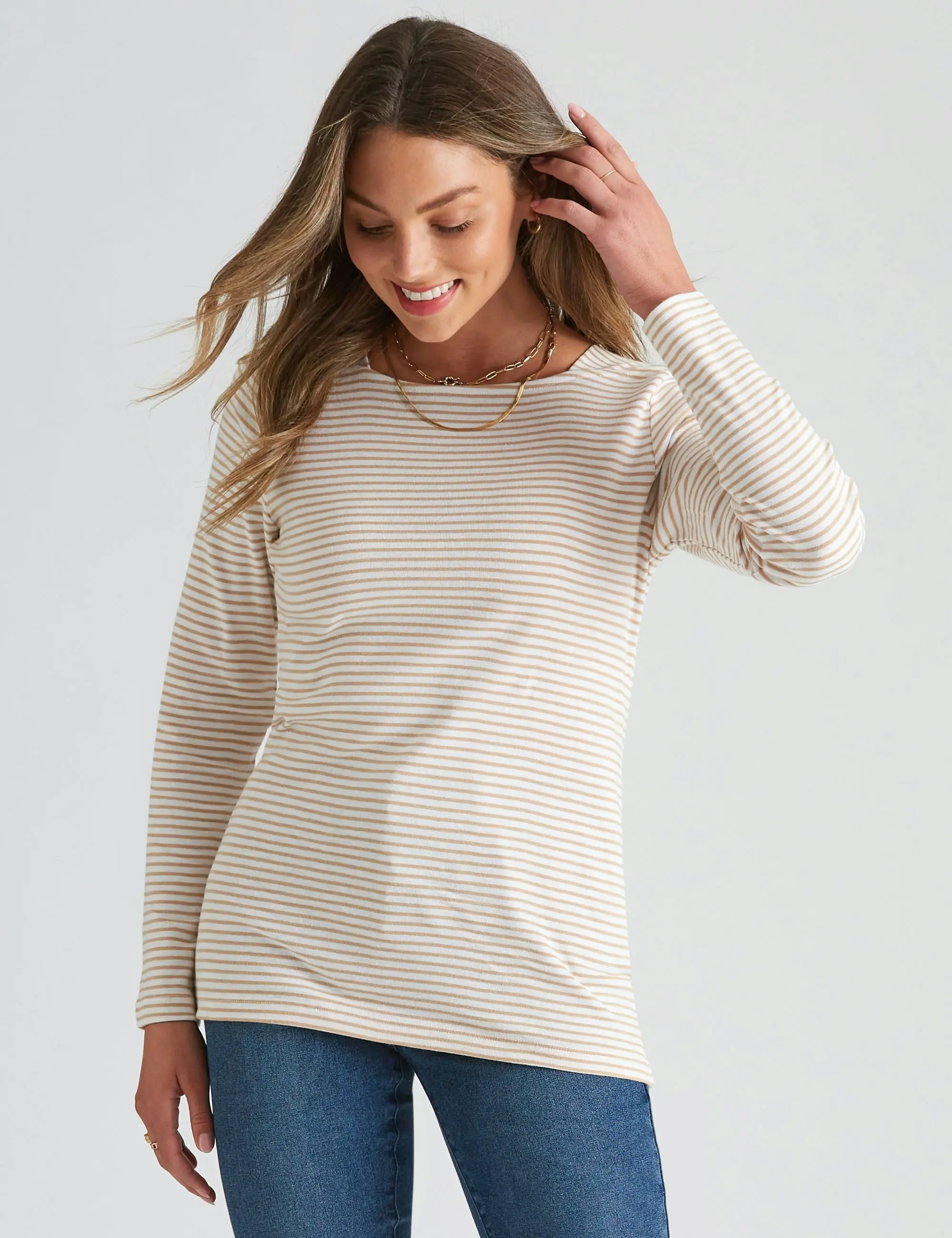 Rockmans Long Sleeve Stripe Boat Neck (Natural/ White)