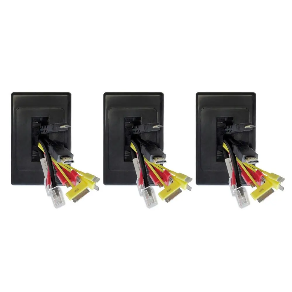 3x Pro2 Black Wall Plate/Brush Outlet Cover For Cable Lead  Management/Organiser