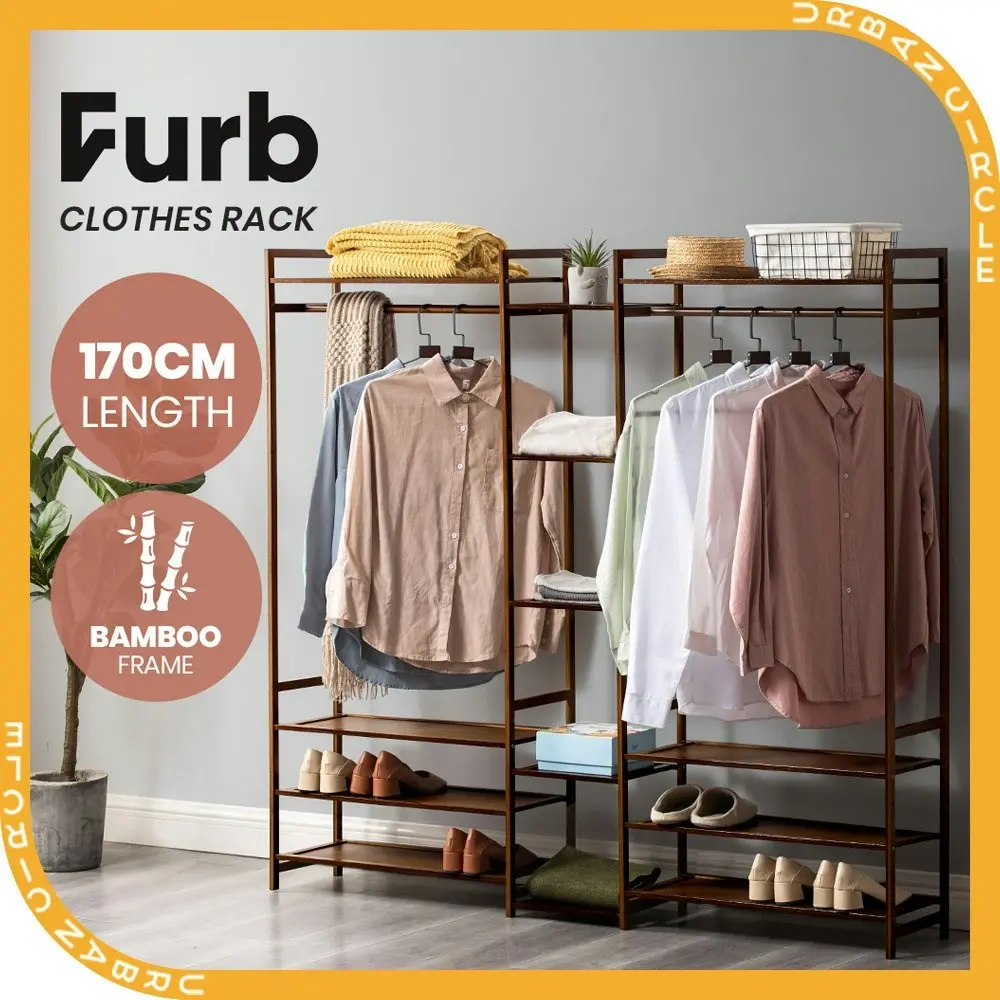 Furb Clothes Rack Bamboo Garment Coat Hanger Stand Closet Organiser Shoe Storage Airer Closet Shelf