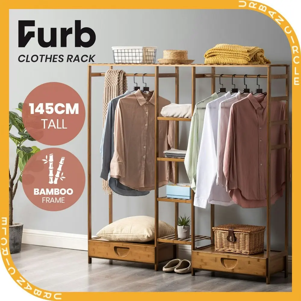 Furb Bamboo Clothes Rack Open Garment Coat Hanger Stand Closet Organiser Shoes Storage Shelves 150cm