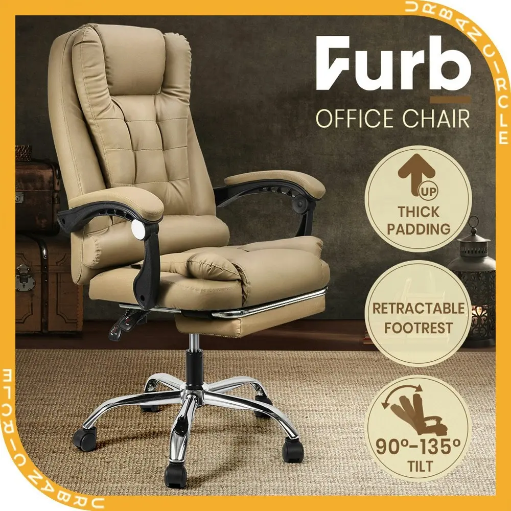 Furb Office Chair Executive PU leather Seat Ergonomic Support Caster Wheel Footrest Khaki