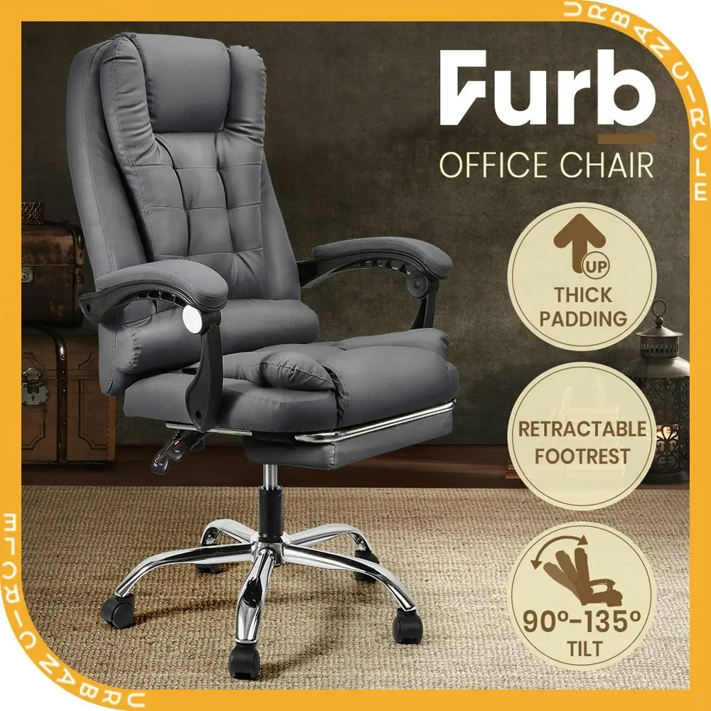 Furb Office Chair Executive PU leather Seat Ergonomic Support Caster Wheel Footrest Grey