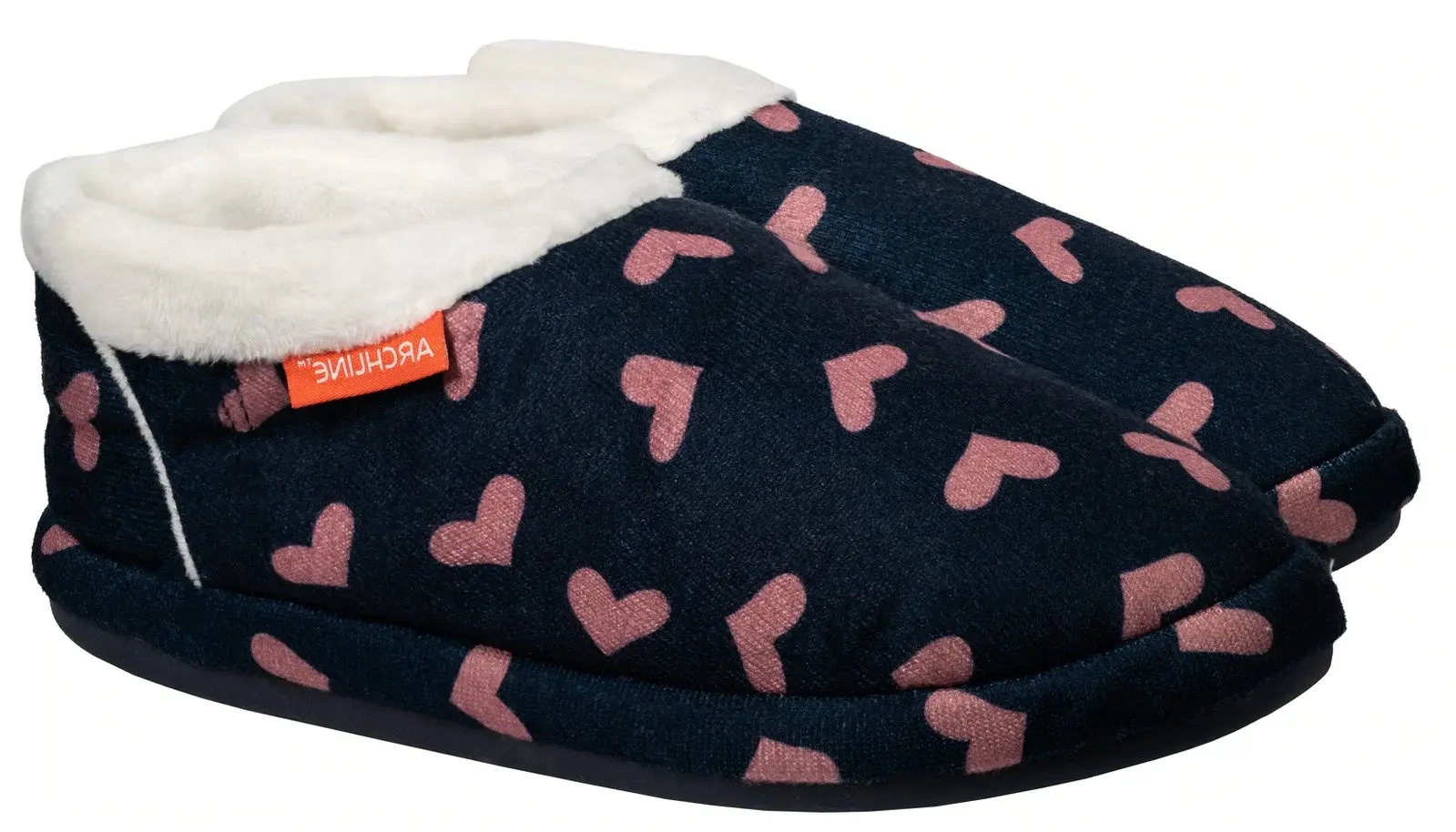 Archline Orthotic Slippers CLOSED Arch Scuffs Moccasins Pain Relief in Navy Hearts