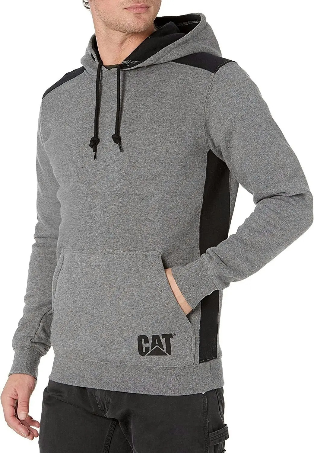 Caterpillar Logo Panel Hooded Sweatshirt Jumper Hoodie Warm Winter - Dark Heather Grey