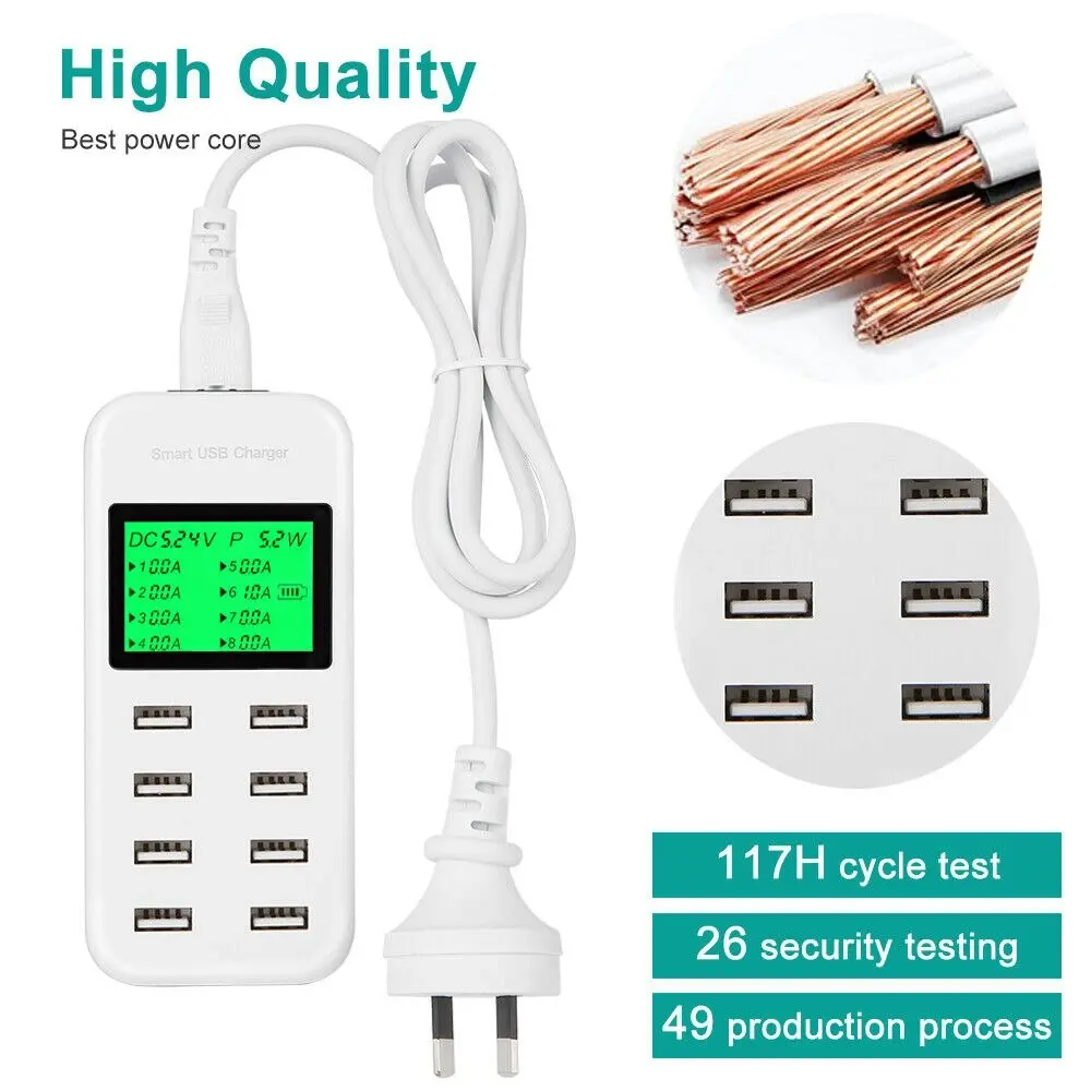 8 Port USB Hub Multi Dock Phone Charger Charging Station Desktop Power Adapter