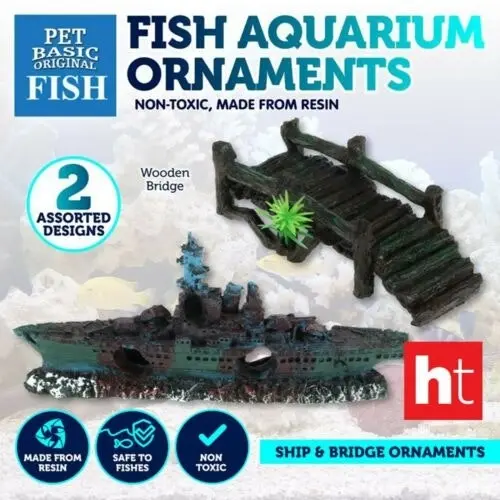 Pet Basic 2PCE Fish Aquarium Resin Ornaments Shipwreck & Bridge 24cm