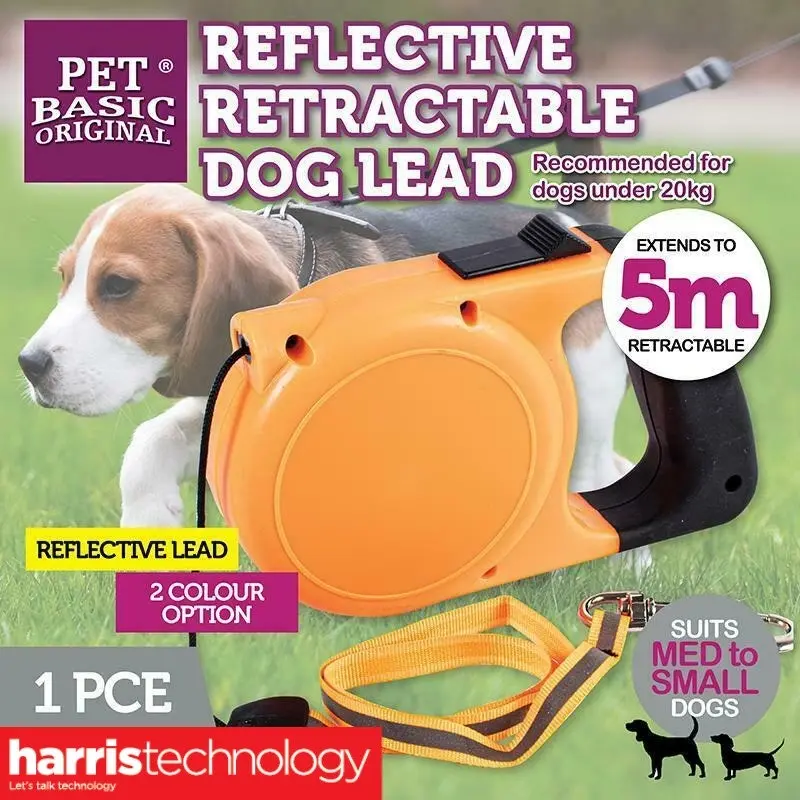 Pet Basic 2pk 5m Reflective Retractable Lead Small/Medium Dog Lead Lock Button