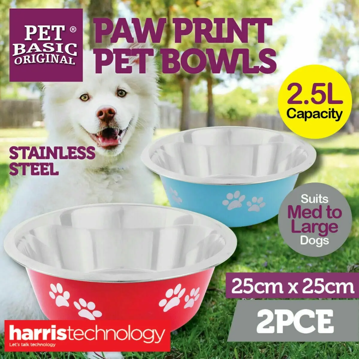 Pet Basic 2PCE Stainless Steel Large Bowls 25cm Paw Print Design 2500ml