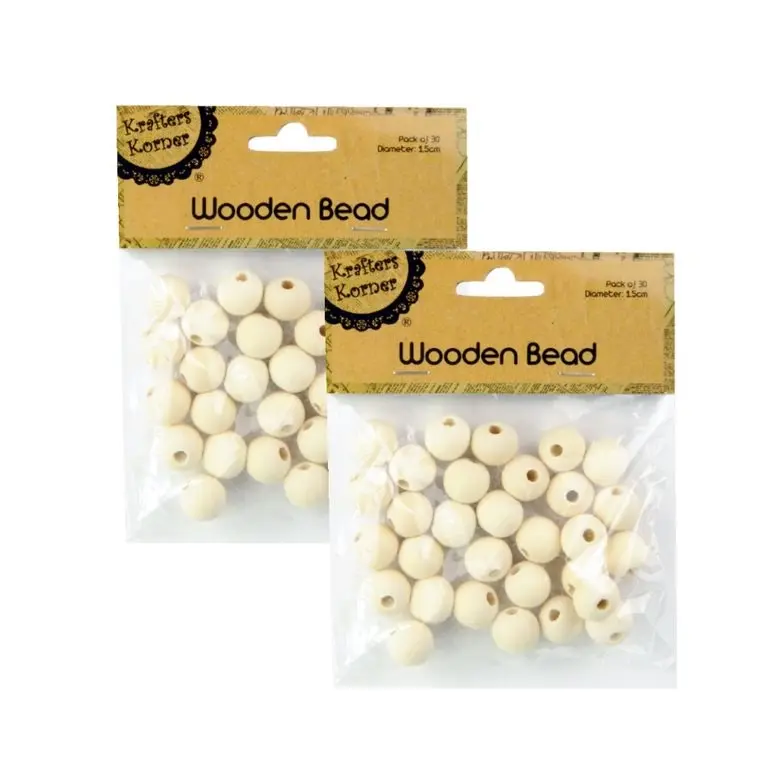 [2Pk X 30Pce] Krafters Korner Small Wooden Beads - Natural Wood Color (1.5Cm)