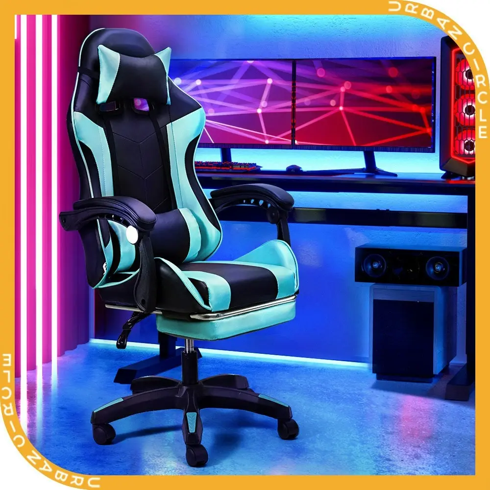 Furb Gaming Chair Racing Recliner Footrest Office Chair Lumbar Support With Headrest Cyan