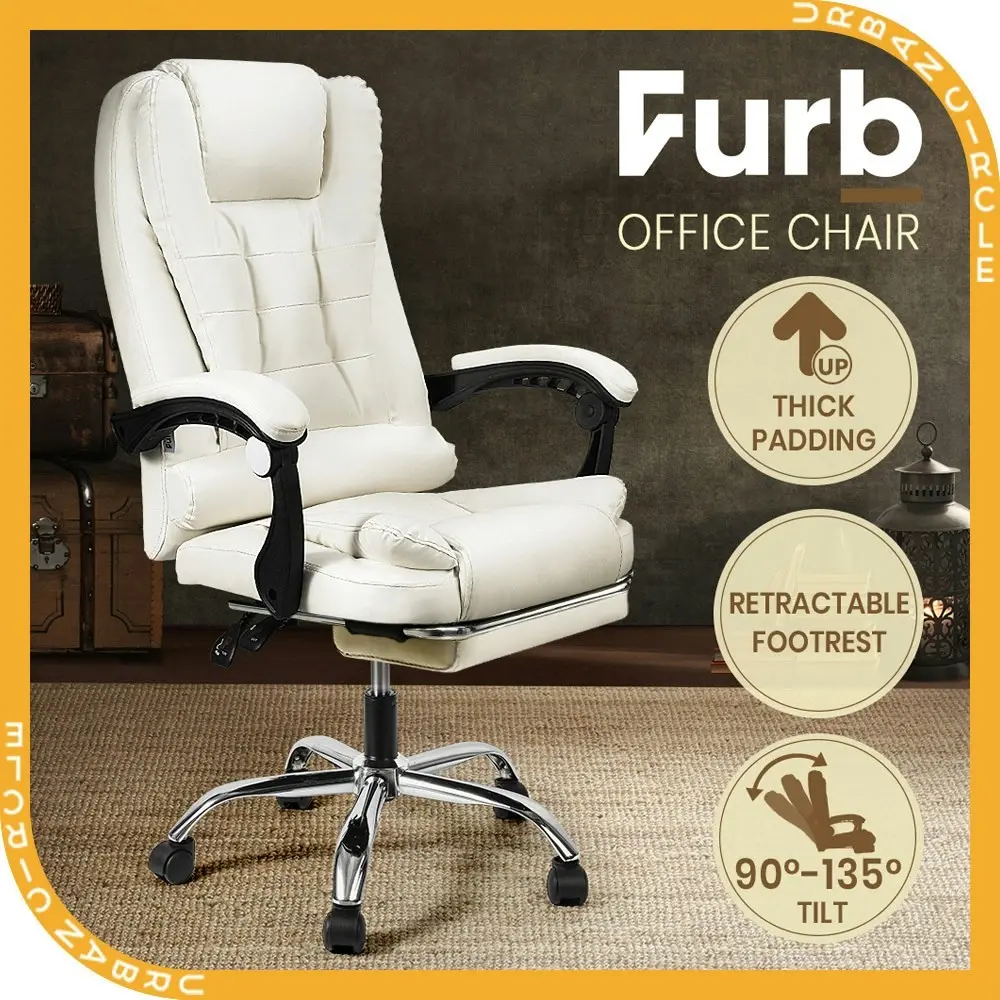 Furb Office Chair Executive PU leather Seat Ergonomic Support Caster Wheel Footrest White