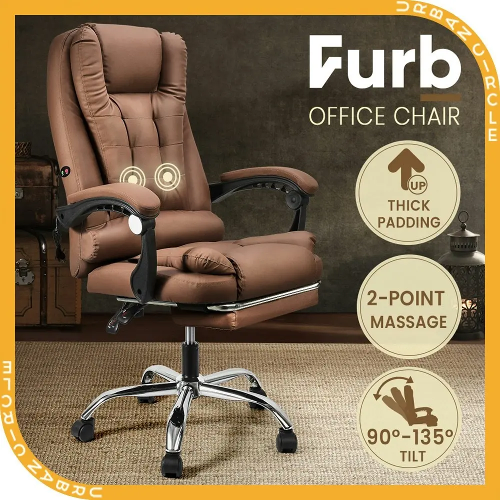 Furb Massage Office Chair Executive PU leather Seat Ergonomic Support Footrest Dark Brown