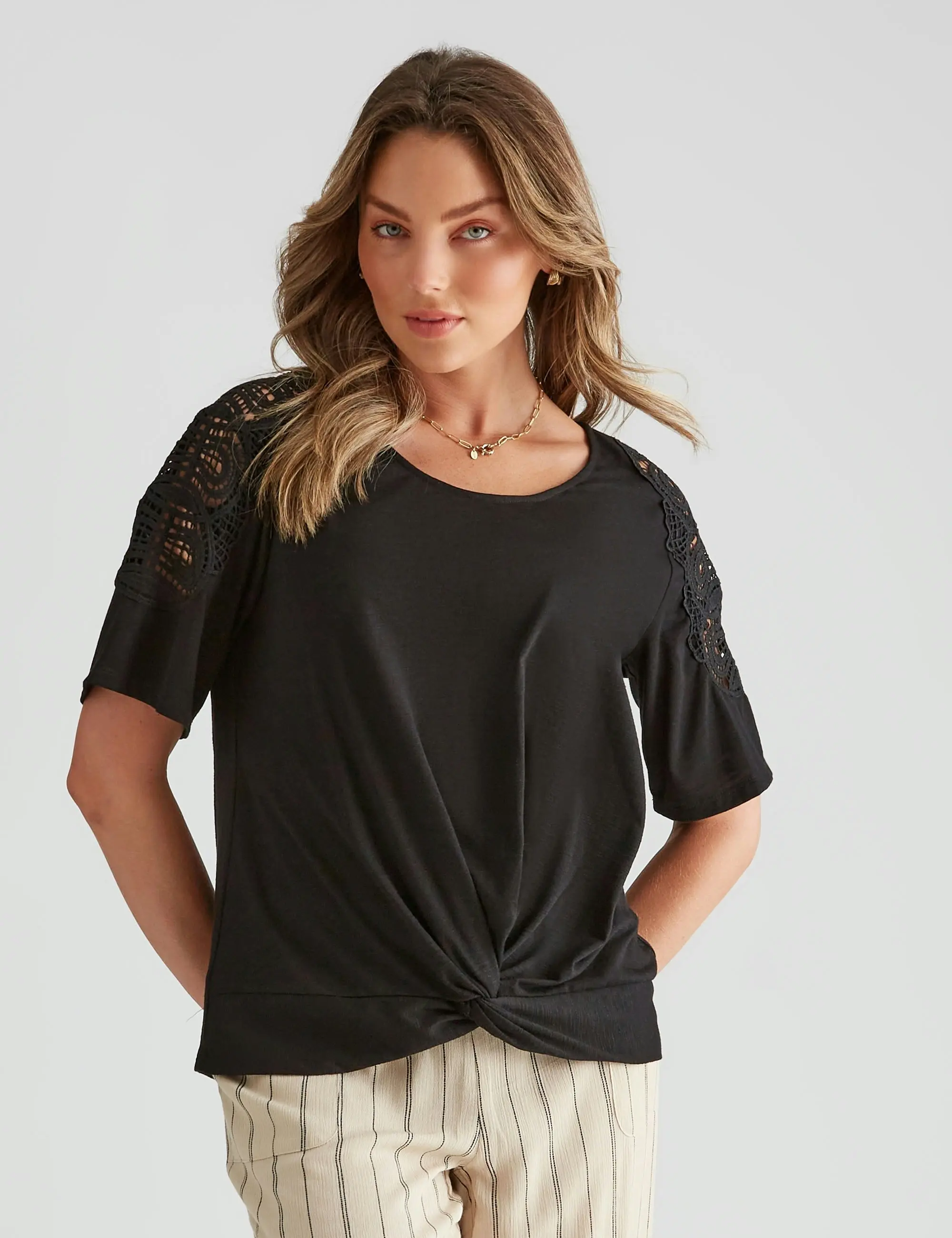 Rockmans Short Sleeve Knitwear Lace Shoulder Top (Black)