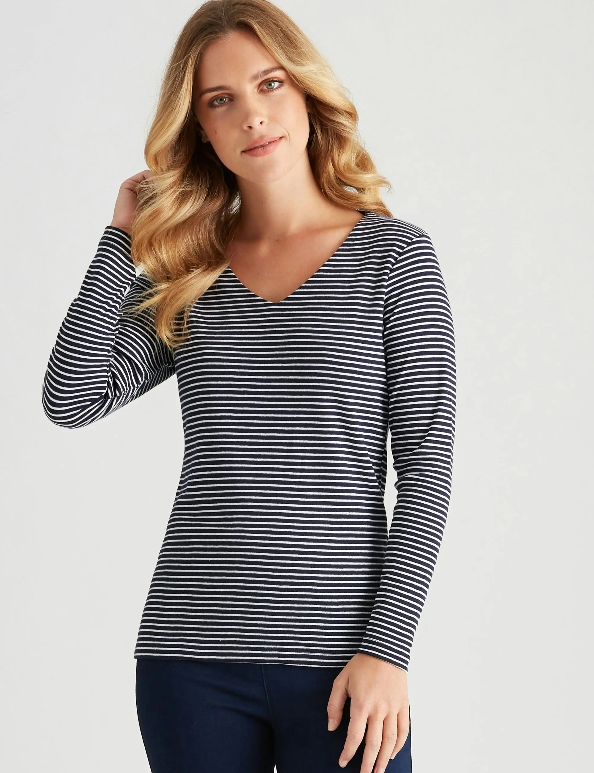 Rockmans Long Sleeve Stripe Double Front T-Shirt