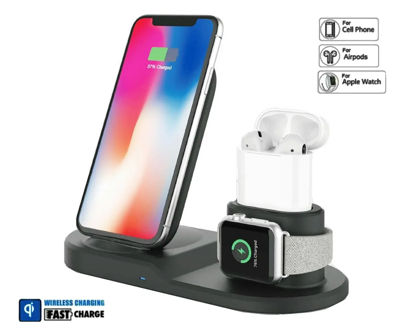 10W 3-in-1 Fast Charge Triple Wireless Charger Stand for Apple (Square) Black