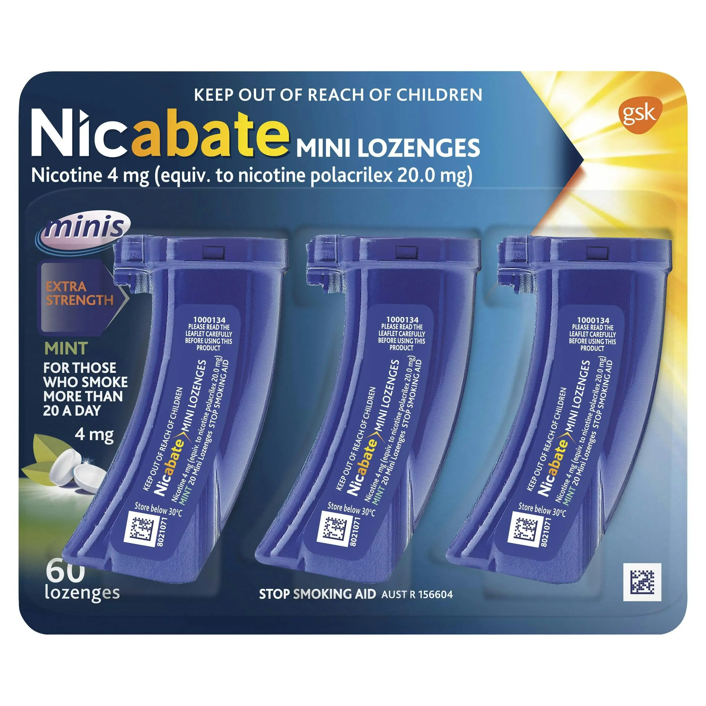 Nicabate Mini Lozenge Stop Smoking Nicotine 4mg Extra Strength Mint 60 Pack