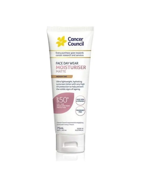 Cancer Council Face Day Wear Moisturiser Matte Medium Tint SPF50+ 75mL