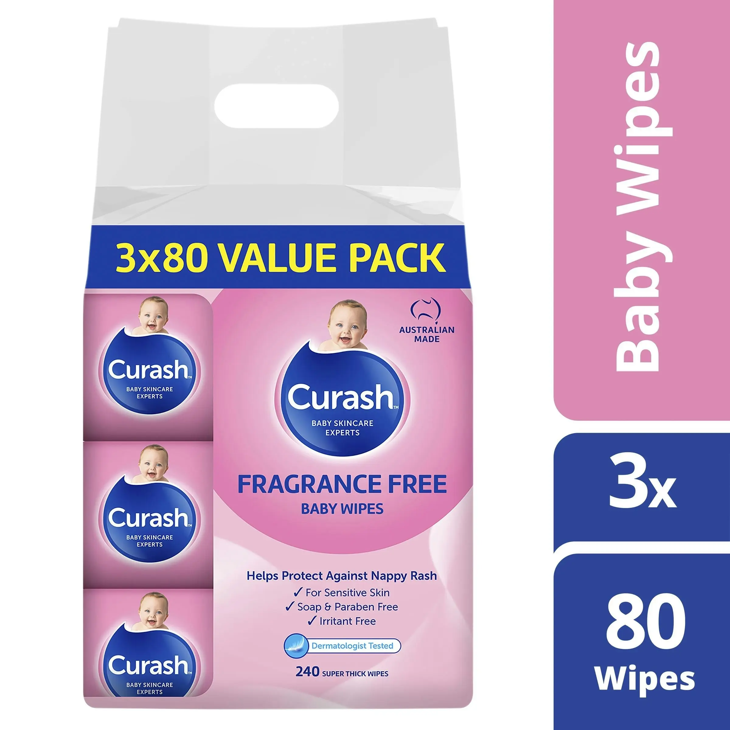 Curash Wipes Fragrance Free 3X80 Pack