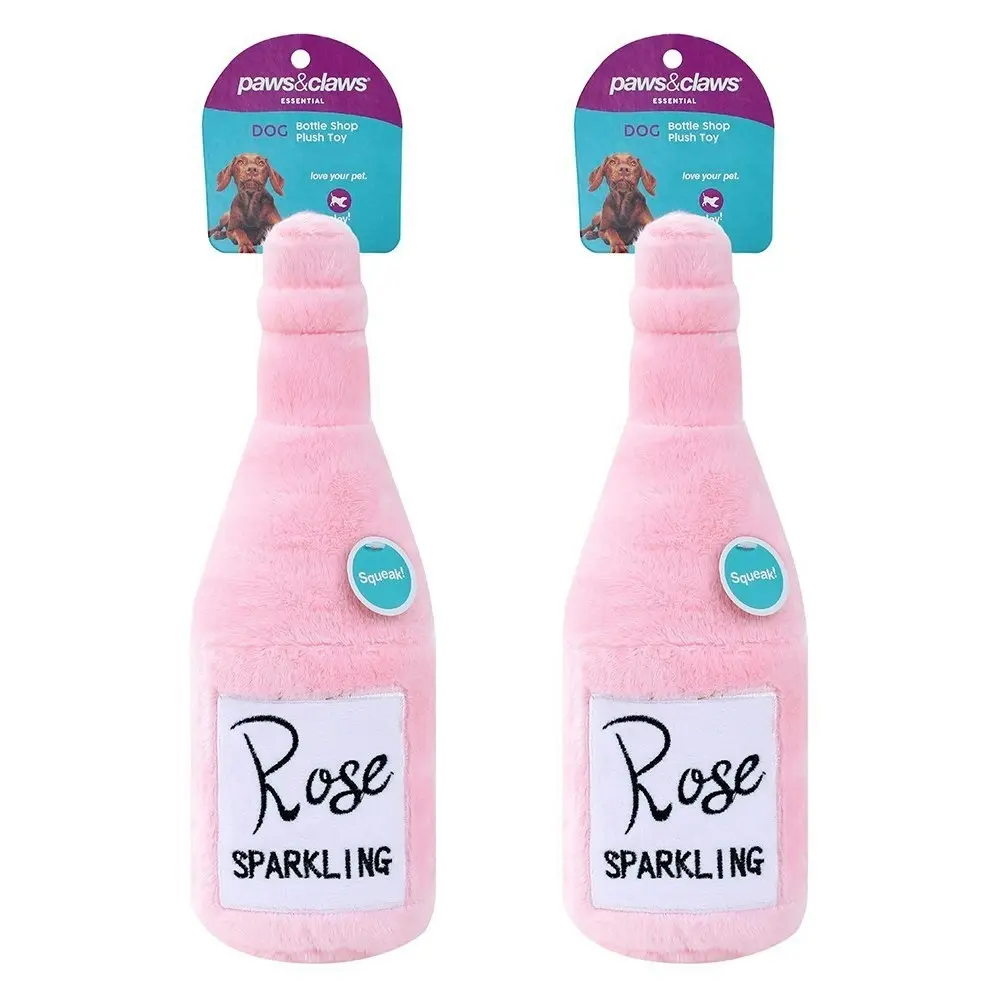 2x Paws & Claws Pet/Dog 31x10cm Rose Bottle Shop Soft Plush w/ Squeaker Toy Pink