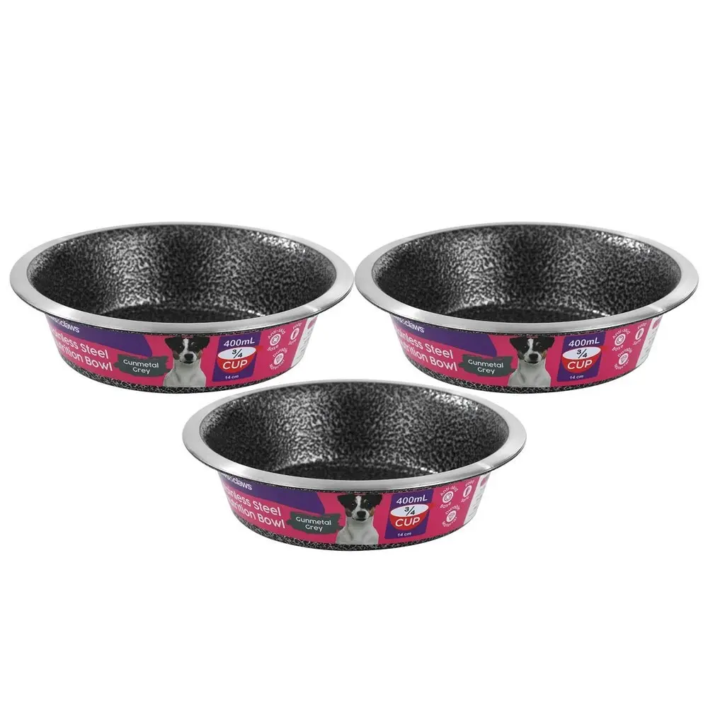 3x Paws & Claws Pet/Dog 14cm/400ml Stainless Steel Bowl/Feeder Speckled Gunmetal