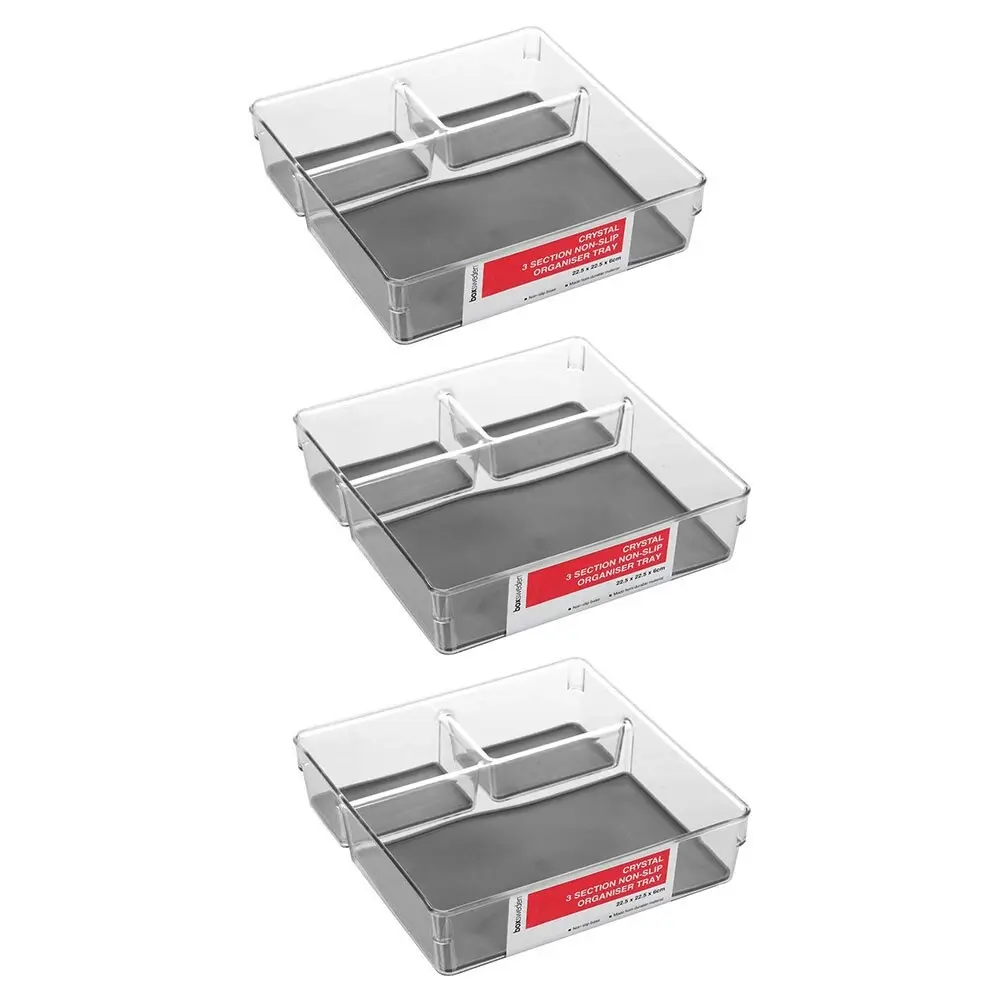 3x Boxsweden 22.5x6cm Crystal 3 Section Square Non-Slip Organiser/Holder Grey