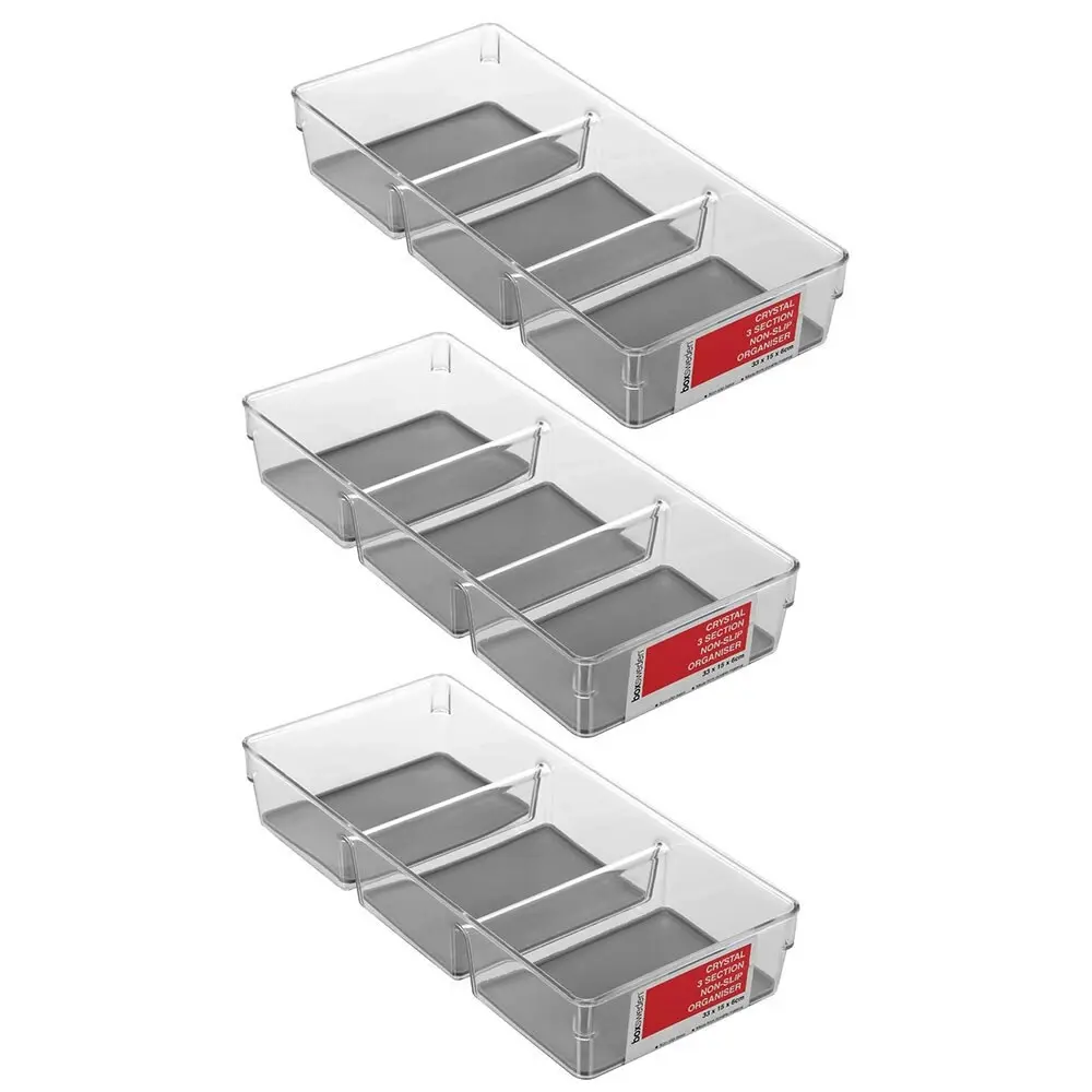 3x Boxsweden 33x15cm Crystal 4 Section Rectangle Non-Slip Organiser/Holder Grey