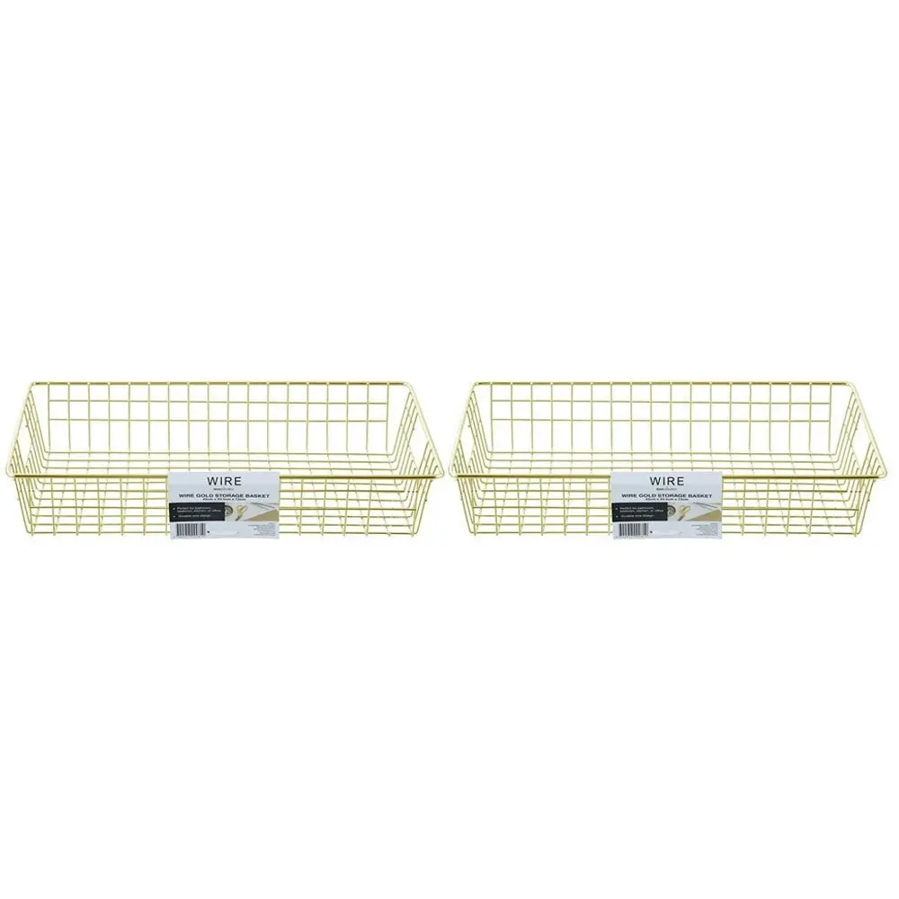 2x Boxsweden 40x7.5cm Wire Storage Basket Kitchen/Bath Organiser Container Gold