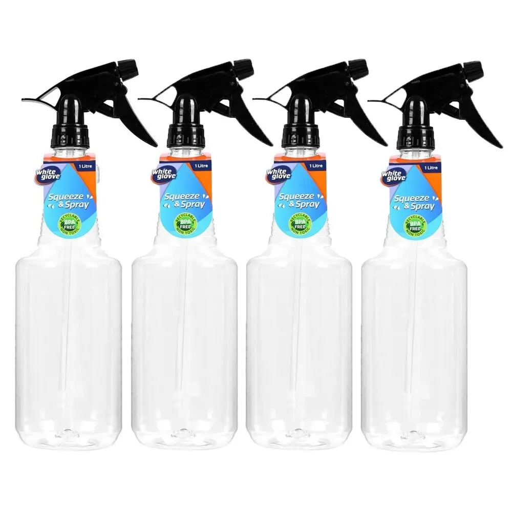 4PK White Glove Spray Bottle 1L Container Jar w/ Spray Nozzle Black