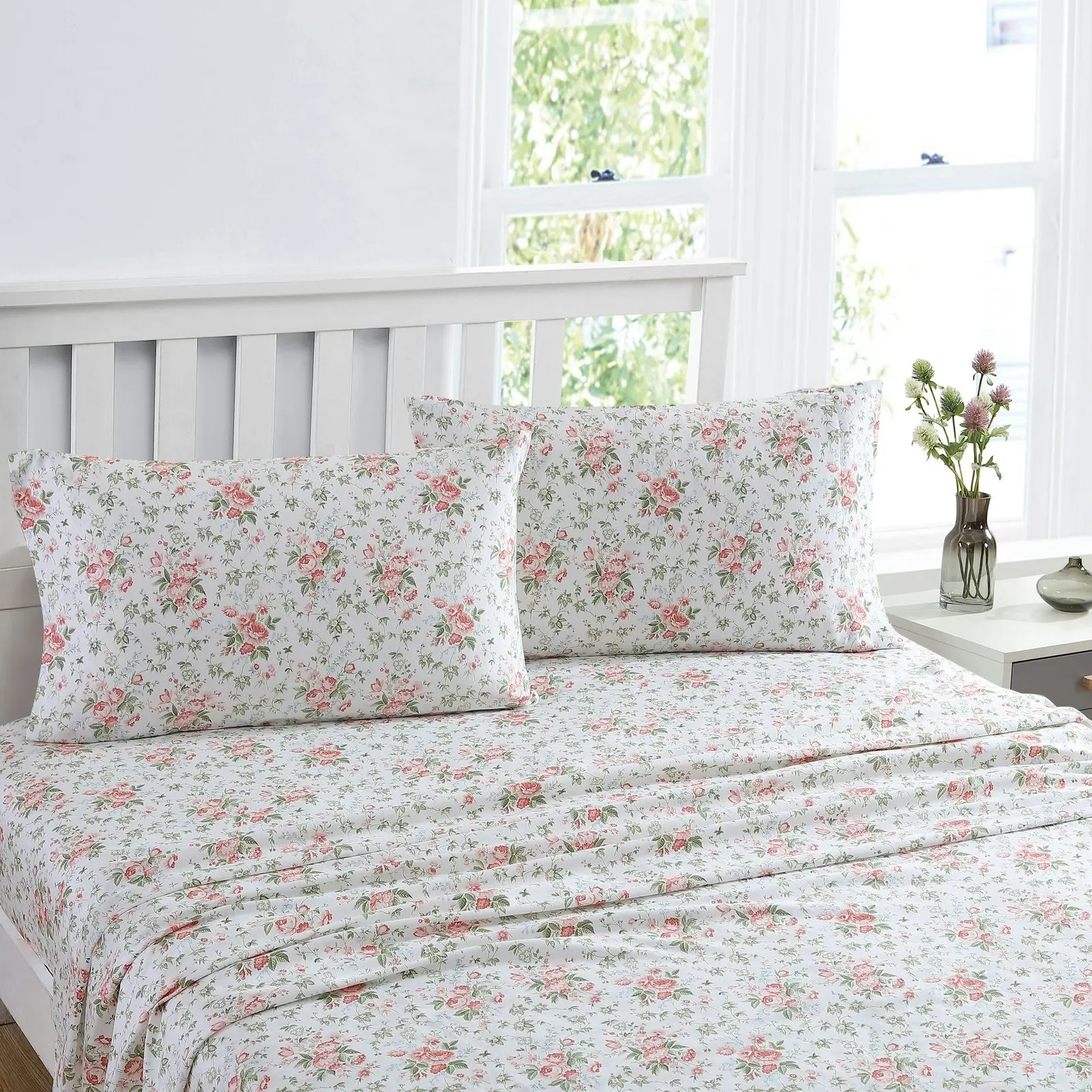 Laura Ashley King Bed Lillian Cotton Flat/Fitted Sheet Set/2x Pillowcases Coral