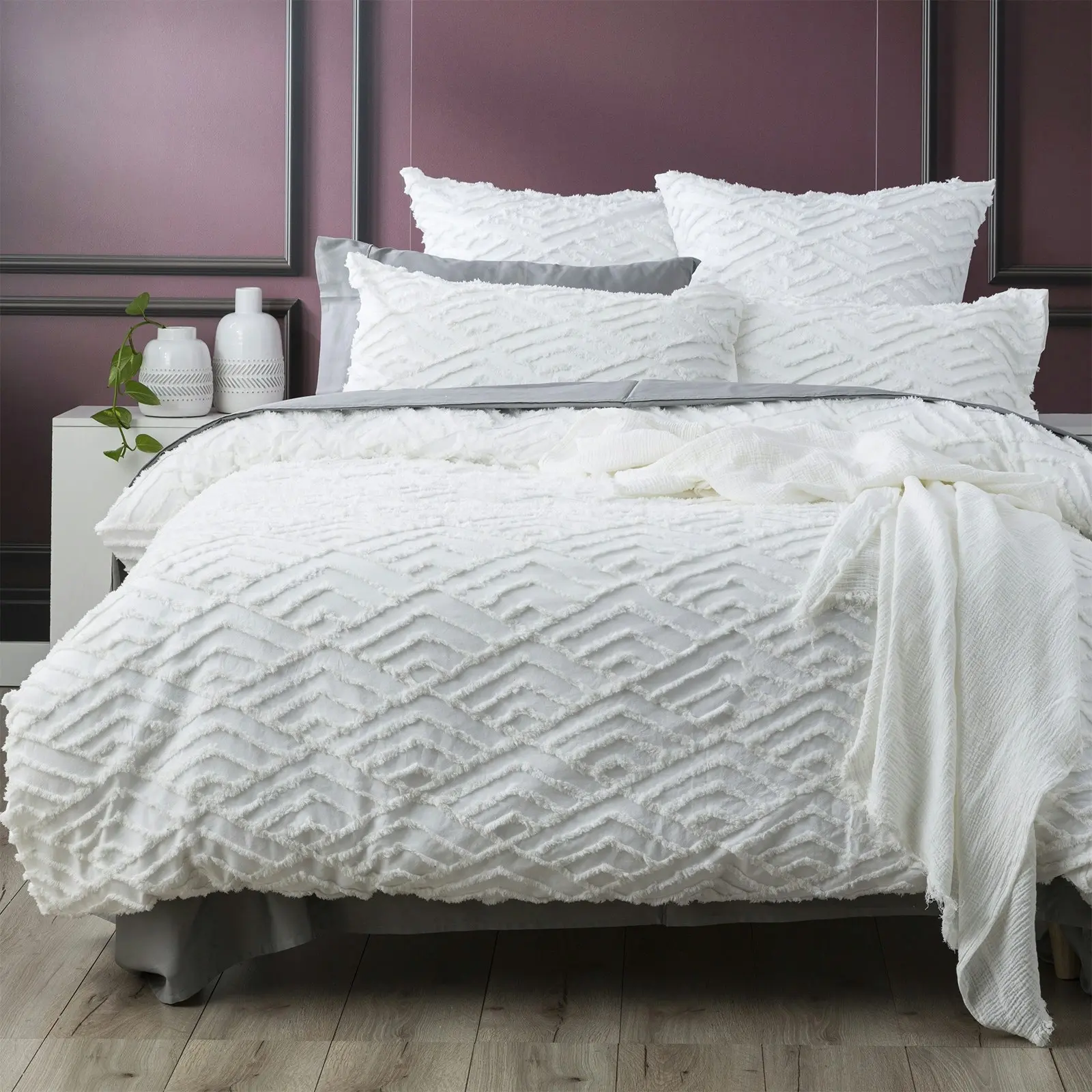 Revive Living Chevvy Queen Bed Quilt Cover Cotton Chenille VIN Washed Tufted WHT