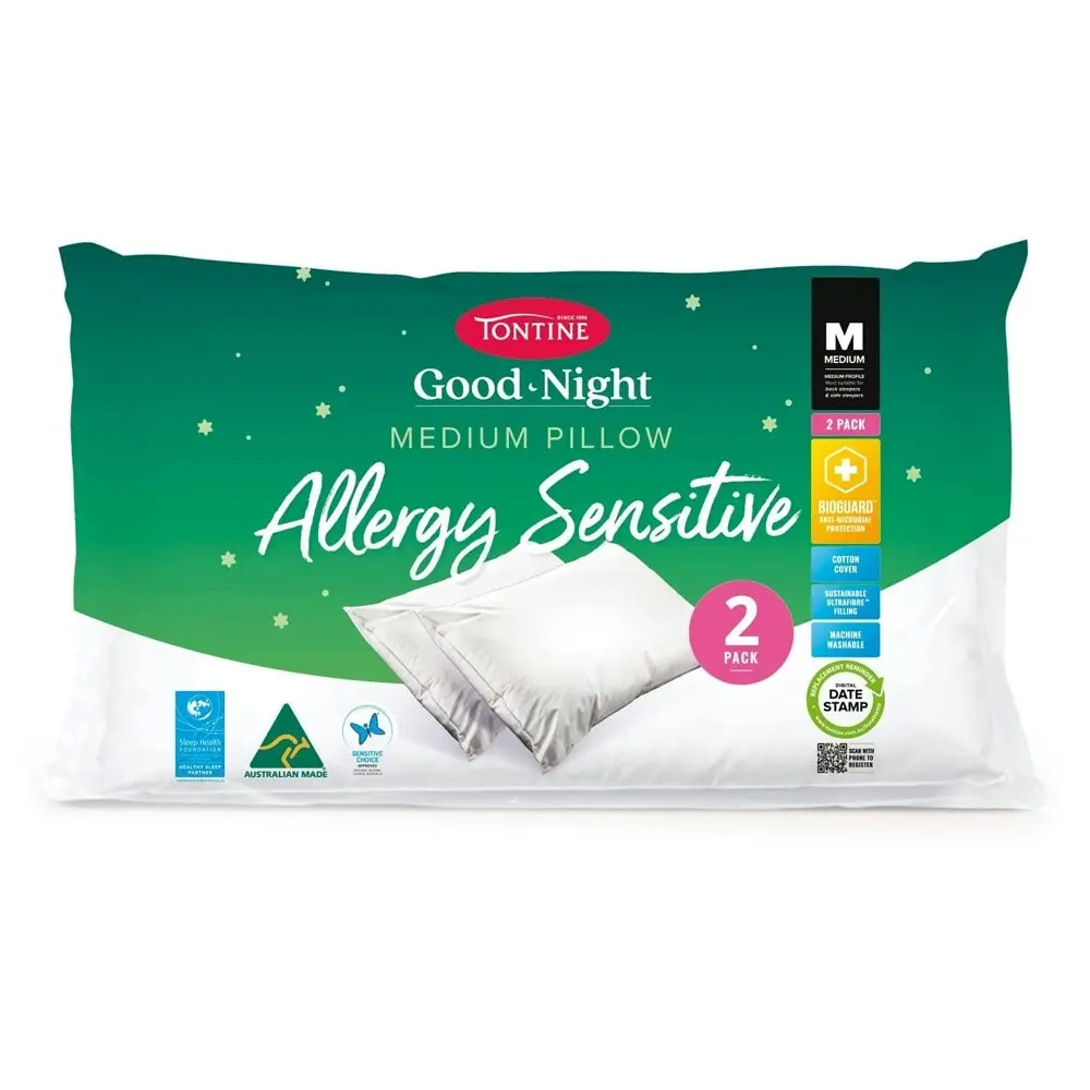 Tontine Good Night Allergy Sensitive Sleep/Bedding Soft Pillow Medium Height 2pc