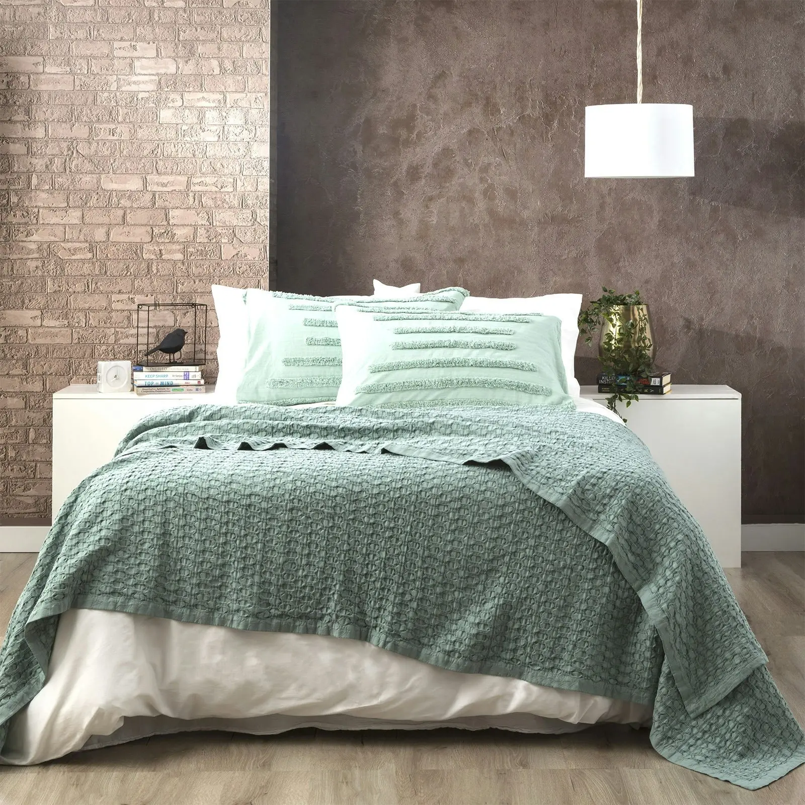 Renee Taylor Lexico Super King Waffle Blanket 480GSM Cotton Home Bedding Sage