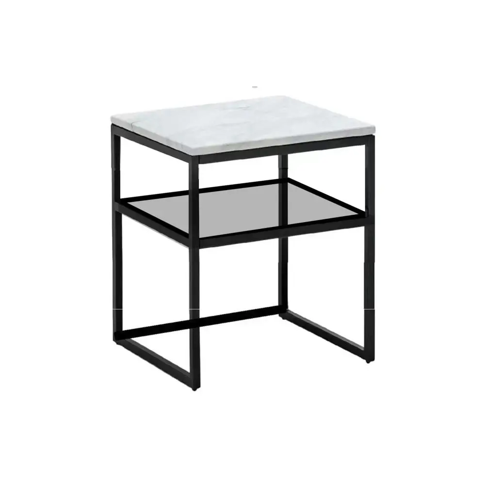 HomeStar Leonardo Marble Open Shelf Bedside Nighstand Side Table W/ Metal Frame - White/Black