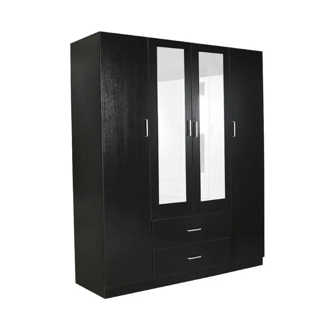 Design Square Modern 4-Door 2-Drawers Wardrobe Closet Clothes Storage Cabinet With Mirror - Black