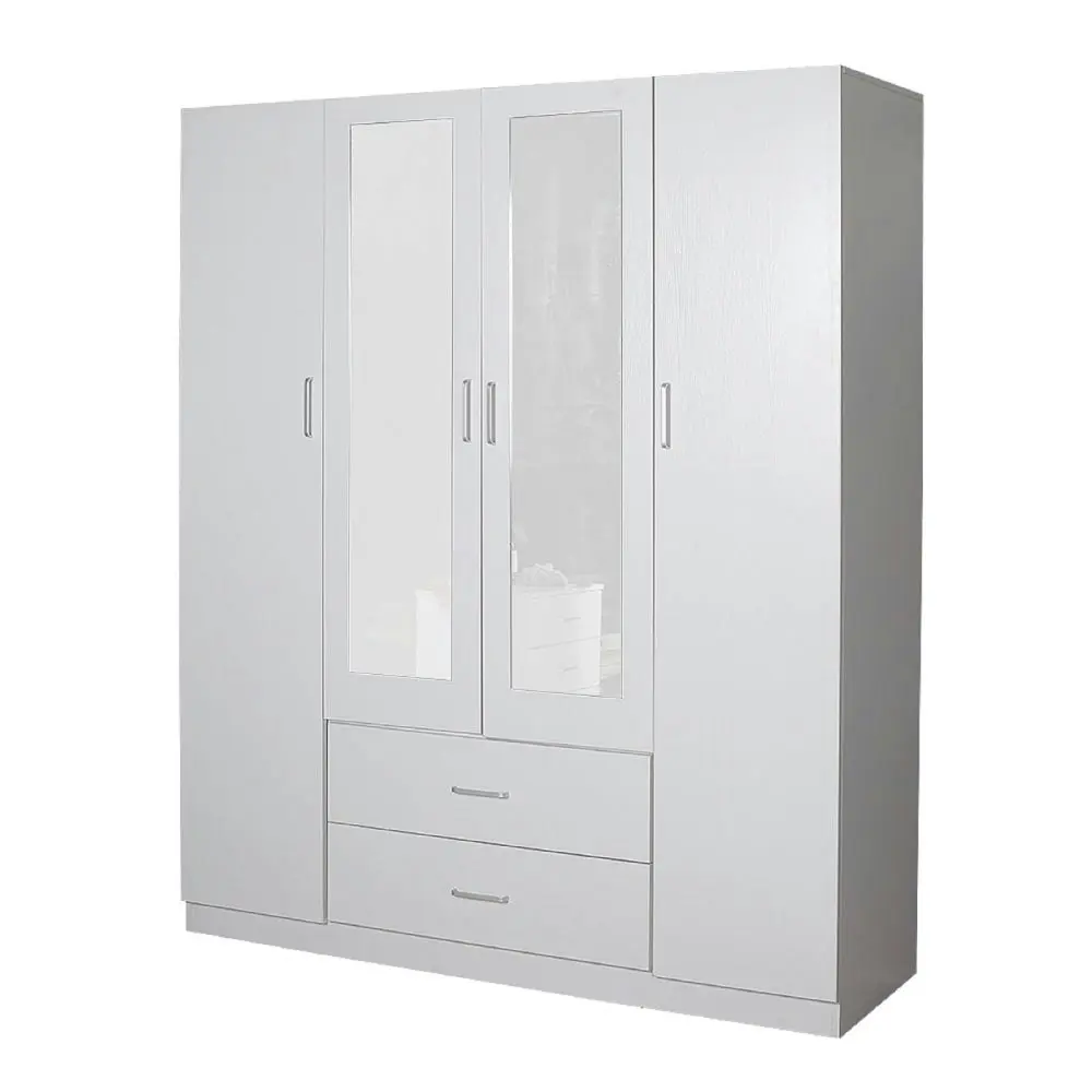 Design Square Modern 4-Door 2-Drawers Wardrobe Closet Clothes Storage Cabinet With Mirror - White