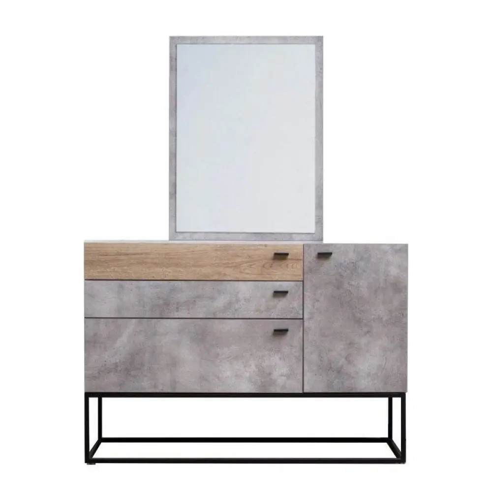 Design Square Dresser Sideboard Buffet Unit With Mirror - Black Metal Legs - Dark Oak / Cement Grey