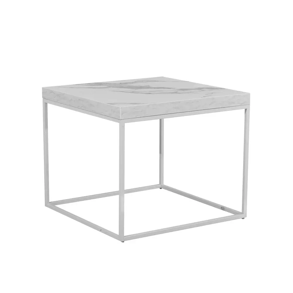 Design Square Side End Lamp Table W/ Marble Effect - White