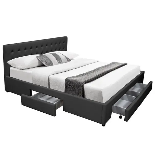 Design Square PU Leather Double Bed Frame Headboard With 2-Drawers Storage - Black