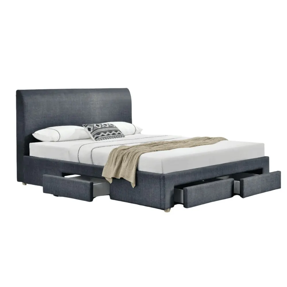 Design Square Modern Designer Fabric Bed Frame Headboard W/ 4-Drawers Storage Queen Size - Dark Grey