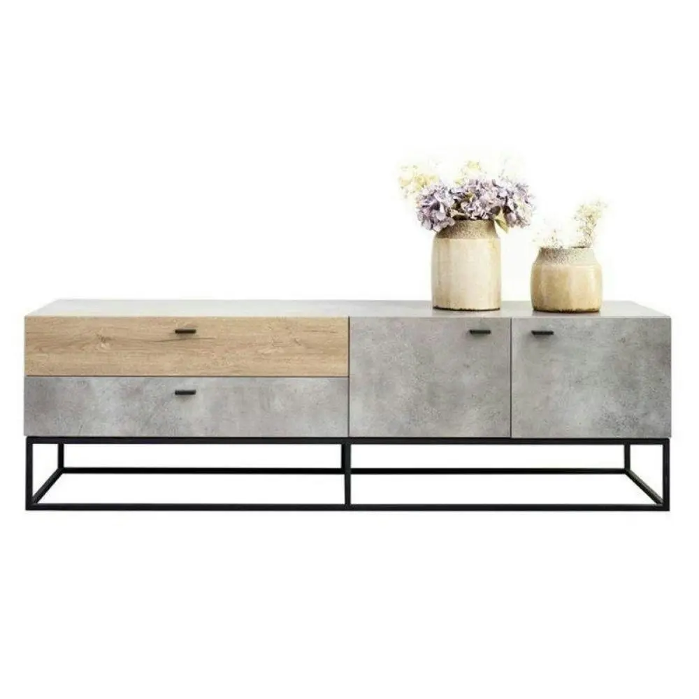 Design Square TV Stand Cabinet Entertainment Unit - Black Metal Legs - Dark Oak / Cement Grey