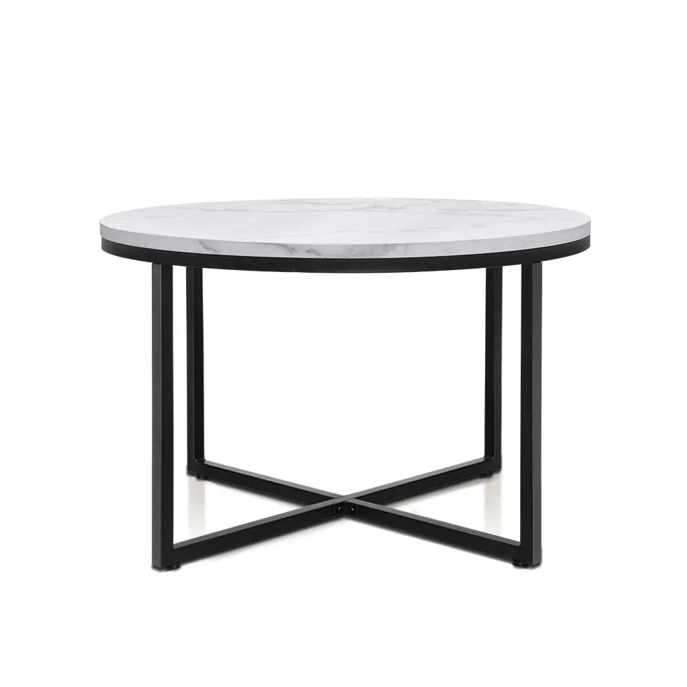 Coffee Table Marble Effect Side Tables Bedside Round Black Metal 70X70CM