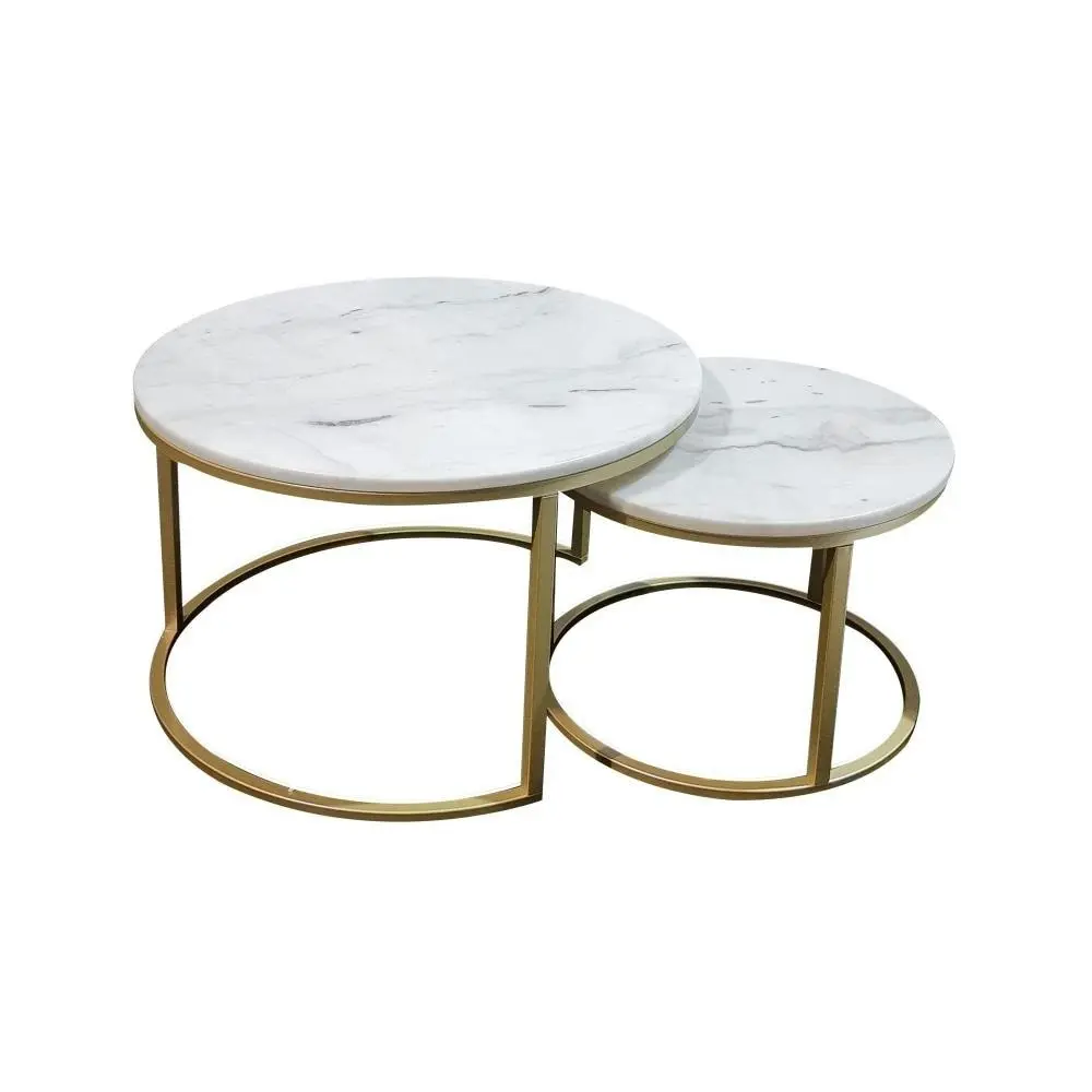 HomeStar Set of 2 Miller Nesting Round Marble Coffee Table Gold Frame - White