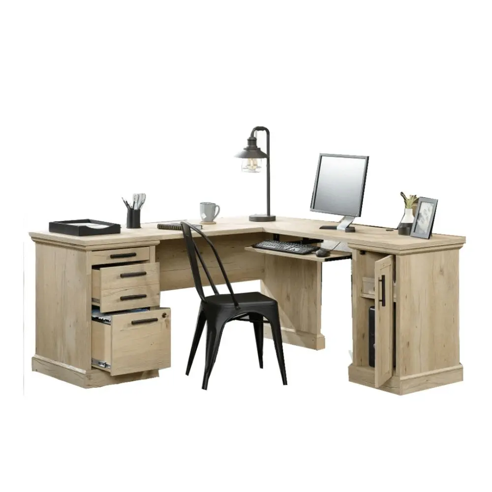 Design Square Ariella L-Shaped Computer Home Office Corner Desk W/ 4-Drawers -Prime Oak