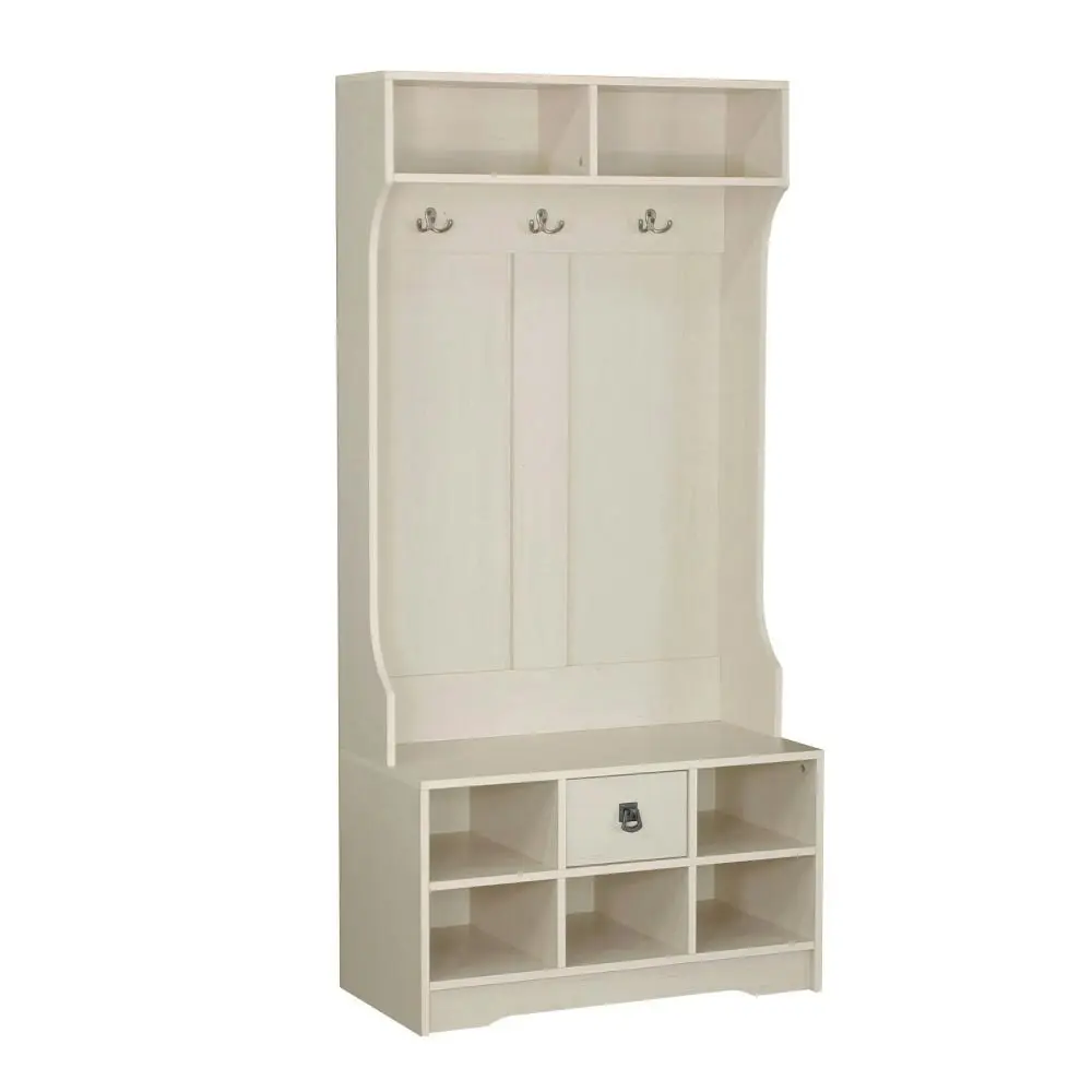 Maestro Furniture Lorrel Modern Hall Tree Coat Rack & Shoe Rack Storage Cabinet - Antique White