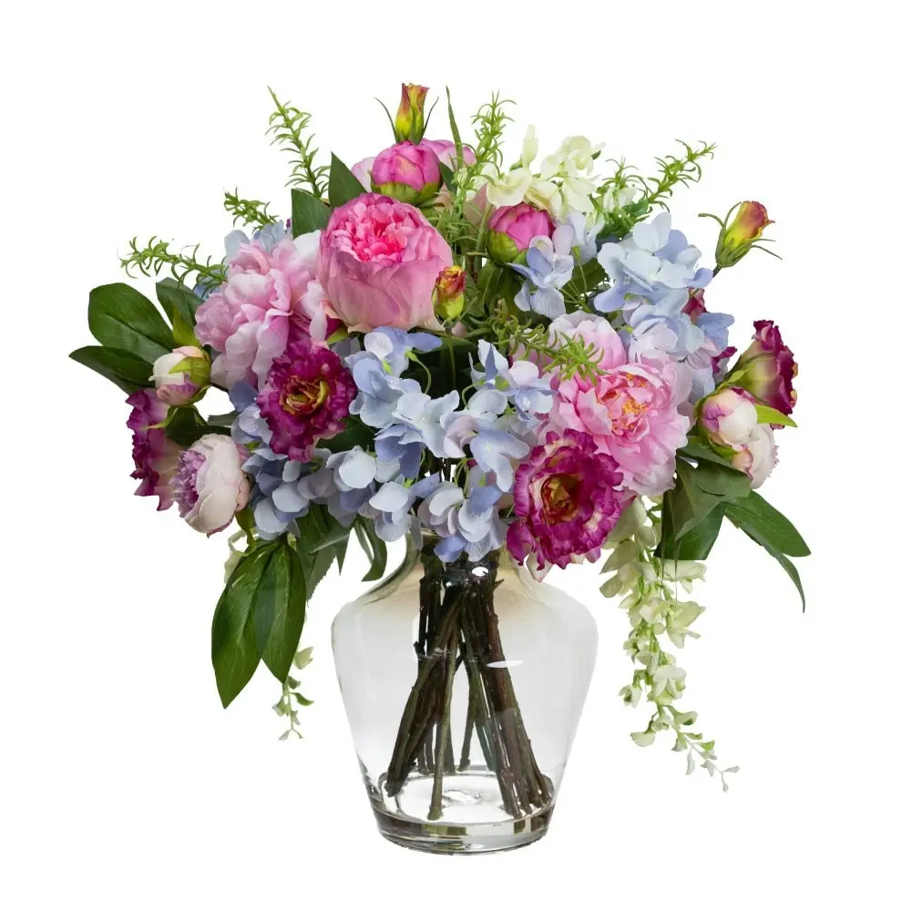 Glamorous Fusion Hydrangea, Peony & Wisteria Mixed  Artificial Fake Plant Decorative Arrangement 56cm In Glass