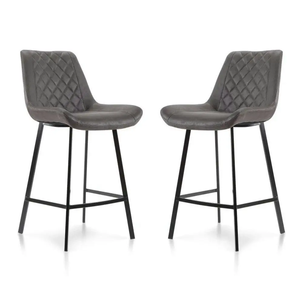 Raimon Furniture Set of 2 Fin Suede Fabric Kitchen Counter Bar Stool Black Metal Legs 66cm - Charcoal