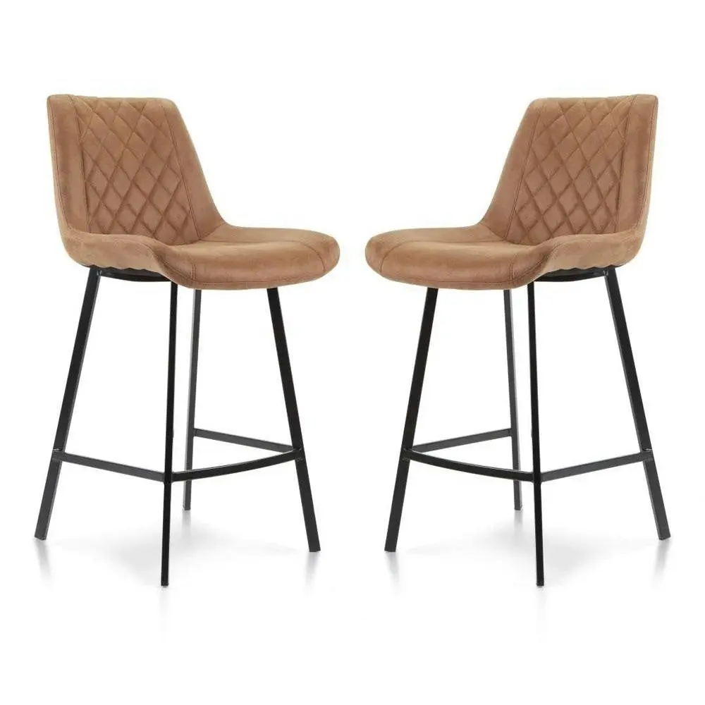 Raimon Furniture Set of 2 Fin Fabric Suede Kitchen Counter Bar Stool Black Metal Legs 66cm - Cognac