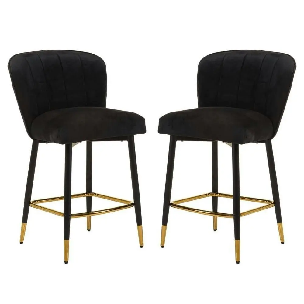 Raimon Furniture Set of 2 Gaia Velvet Fabric Kitchen Counter Bar Stool 63cm - Black