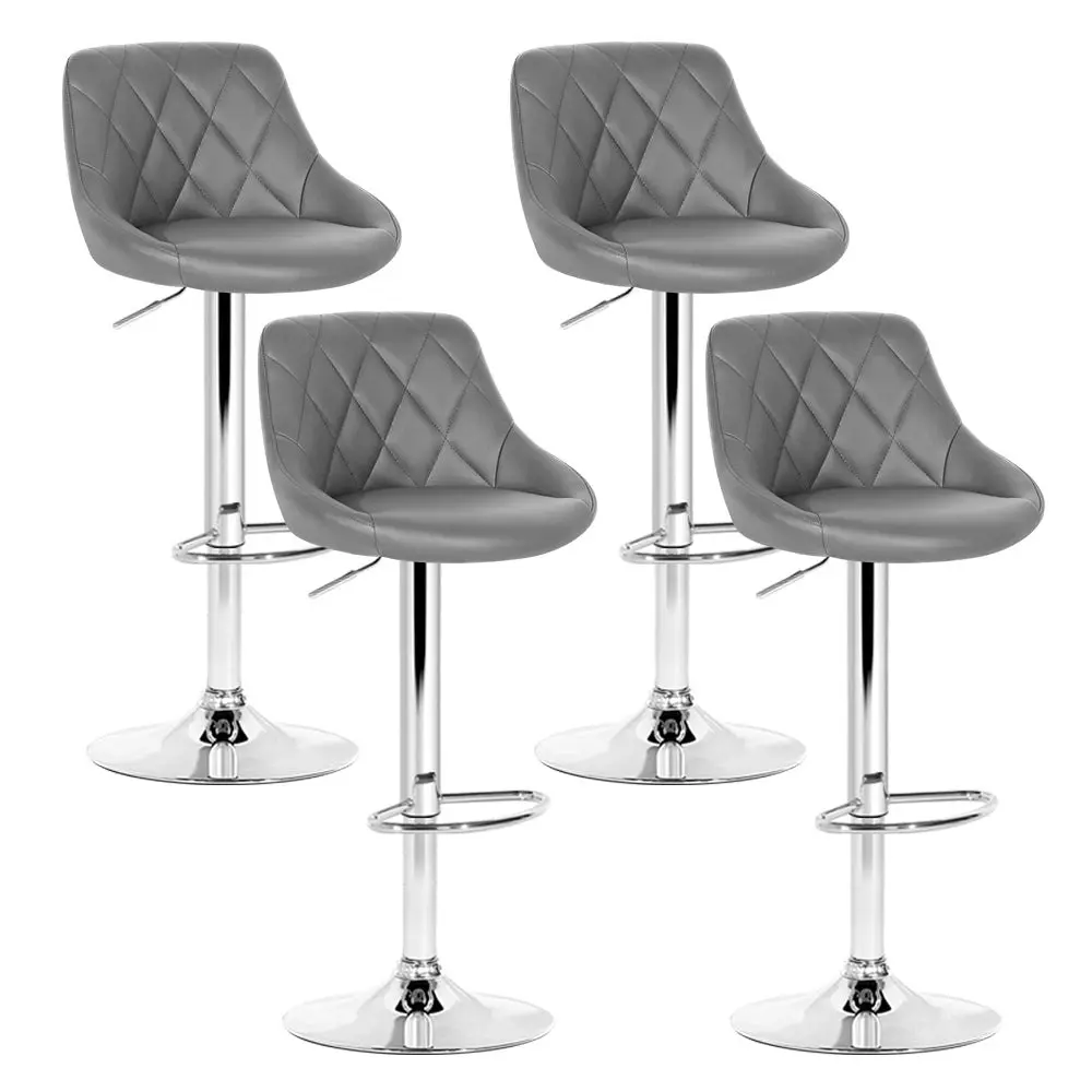 Set of 4 Bar Stools PU Leather Diamond Style - Grey