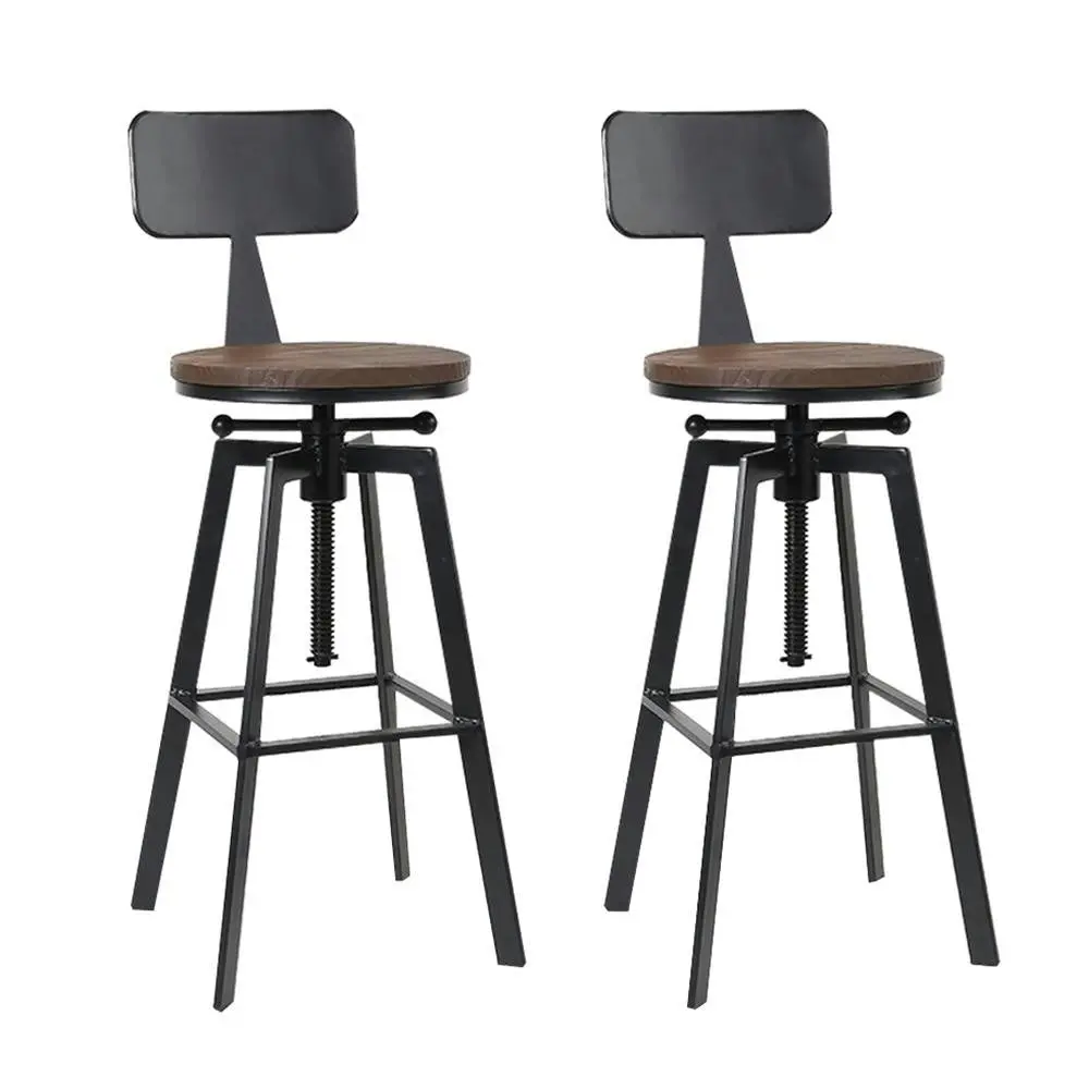 Set of 2 Rustic Industrial Style Metal Bar Stool - Black and Wood